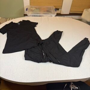 Med Couture Touch Scrub Set Black V-Neck Top Small Jogger Pants Small Tall ST